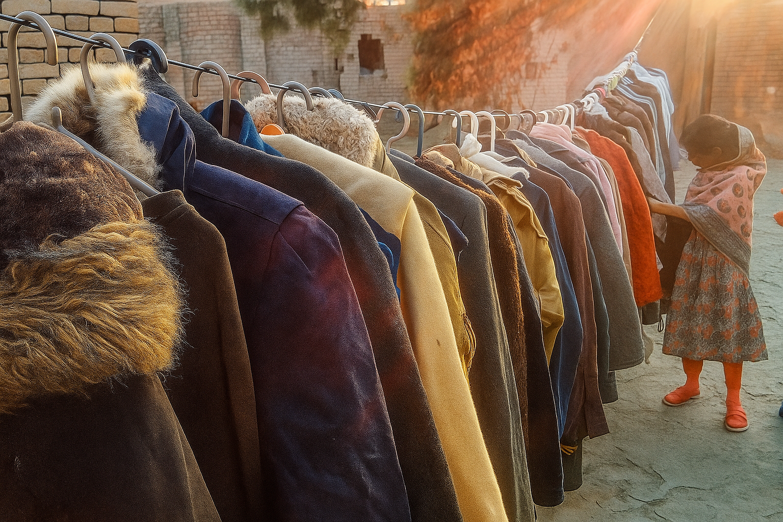 Warm winter clothing on distribution rack ready for families in need