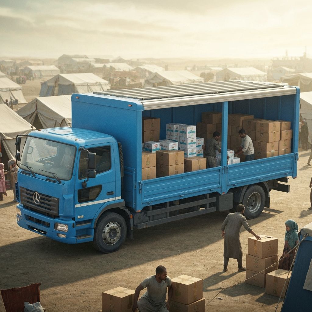 Relief supply truck loaded with aid packages