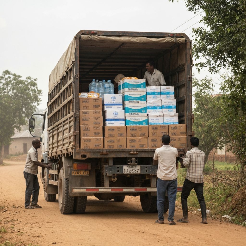Decorated truck transporting medical and relief supplies to communities